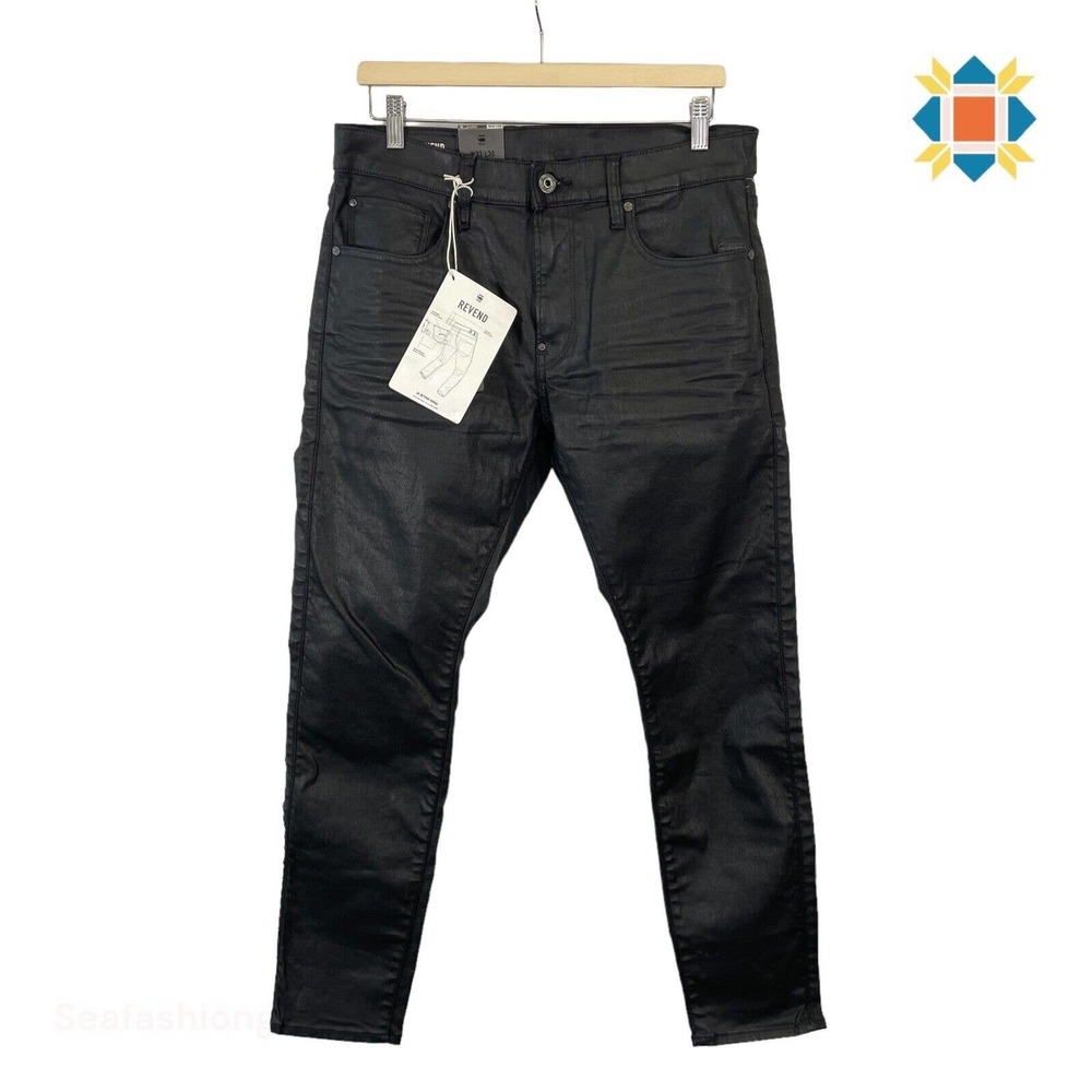 G-Star Raw Men's 33x30 Black Pintt Coated Denim Revend Skinny Jeans NEW